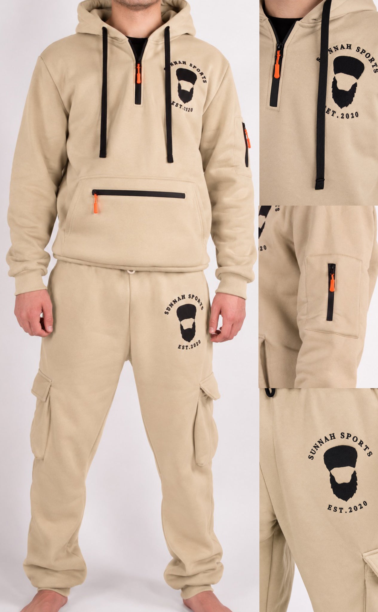 Cargo-Trainingsanzug Beige– mit Kapuze
